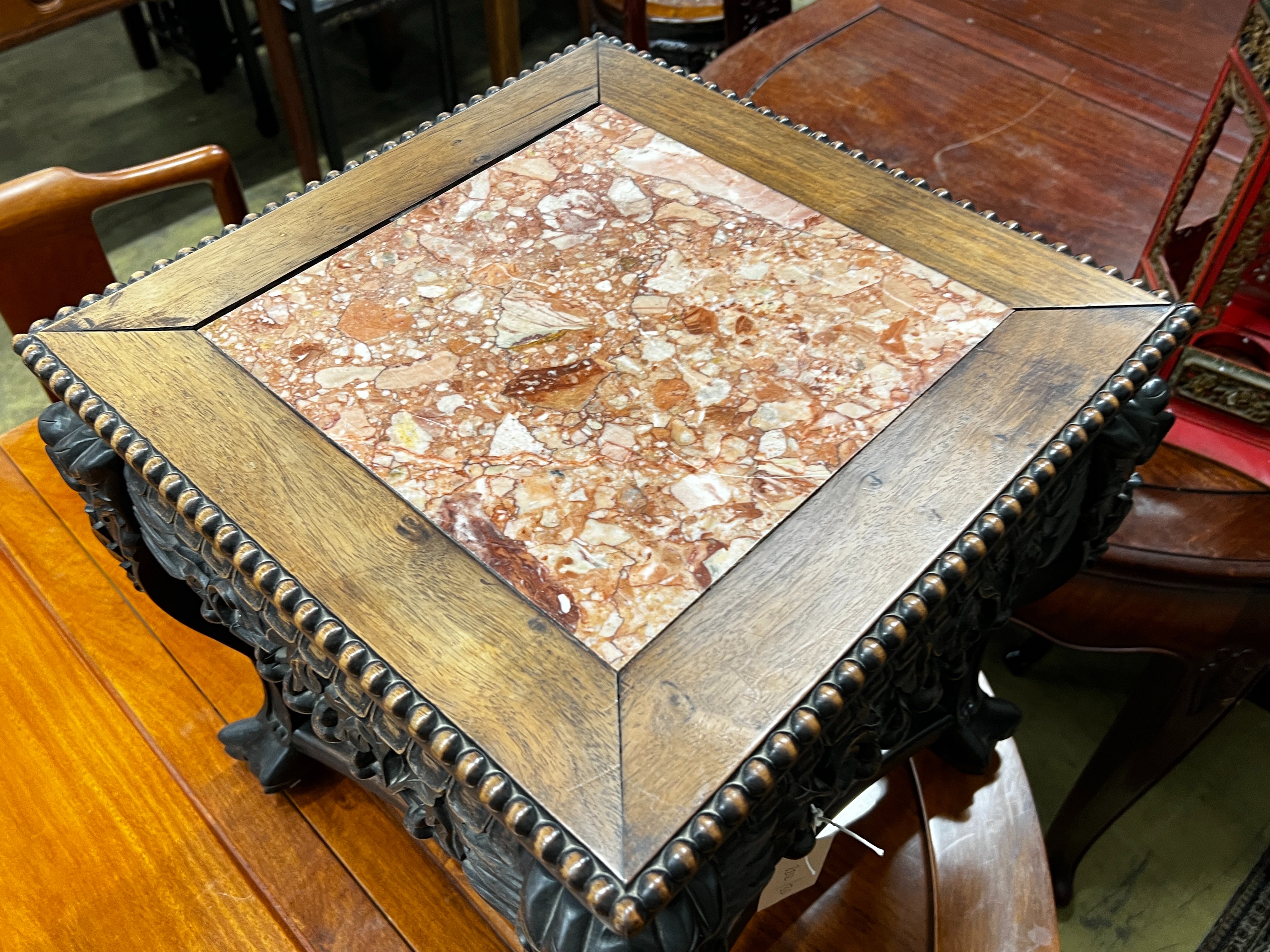 A Chinese marble top square carved hongmu vase stand, width 44cm, height 46cm